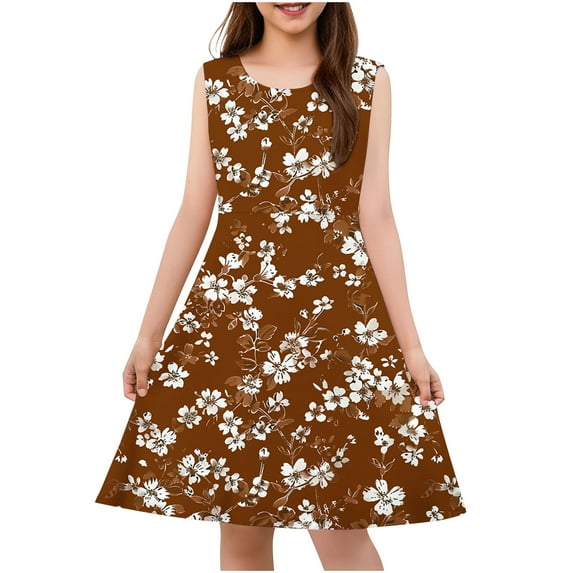 AUNVITO Girls Sleeveless Floral Print Tank Dress Simple Design Casual Summer Bohemian Style