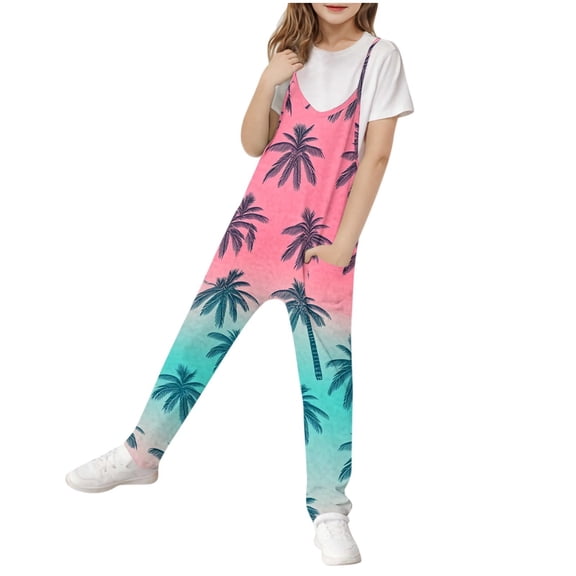 AUNVITO Girls Sleeveless Jumpsuit Adjustable Straps Palm Print Hawaiian Style with Pockets Long Romper