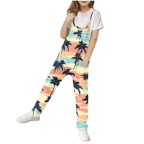 AUNVITO Girls Sleeveless Jumpsuit Adjustable Straps Palm Print Hawaiian Style with Pockets Long Romper