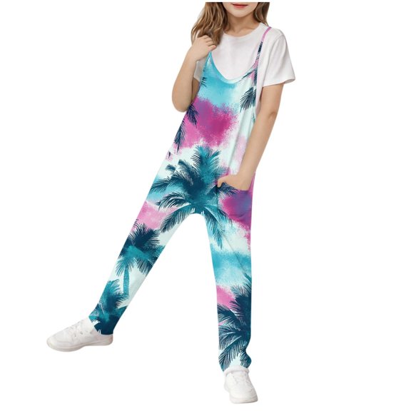 AUNVITO Girls Sleeveless Jumpsuit Adjustable Straps Palm Print Hawaiian Style with Pockets Long Romper