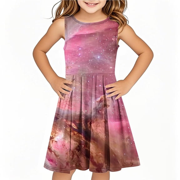 AUNVITO Girls Sleeveless Print Round Neck Tank Dress Casual Summer Sundress