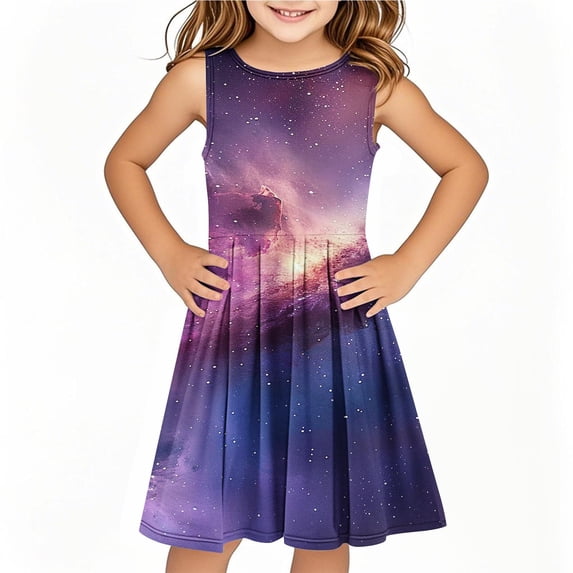 AUNVITO Girls Sleeveless Print Round Neck Tank Dress Casual Summer Sundress