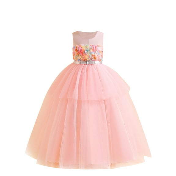 AUNVITO Girls Sleeveless Round Neck Ball Gown Dress 3D Floral Tulle Appliques Princess Party Evening