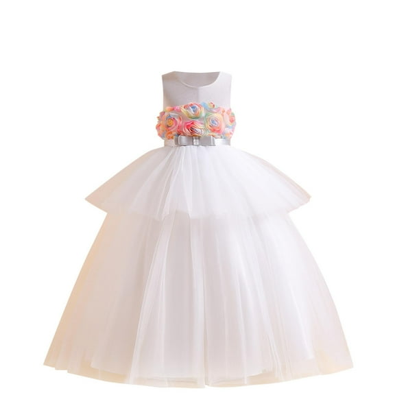 AUNVITO Girls Sleeveless Round Neck Ball Gown Dress 3D Floral Tulle Appliques Princess Party Evening