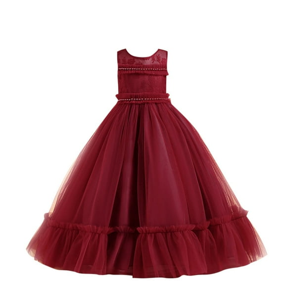 AUNVITO Girls Sleeveless Round Neck Embroidered Beaded Tulle Puffy Ball Gown Princess Formal Evening Party Dress