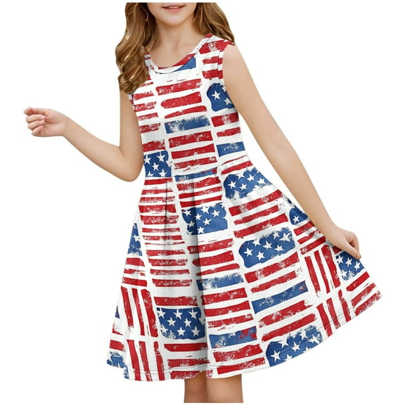 AUNVITO Girls Sleeveless Round Neck Summer Dress Fourth of July Print Waist Cinched Fit & Flare Casual Sundress