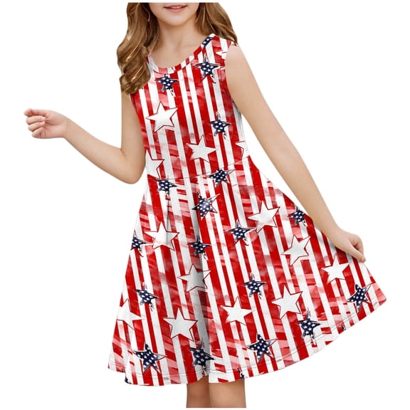 AUNVITO Girls Sleeveless Round Neck Summer Dress Fourth of July Print Waist Cinched Fit & Flare Casual Sundress