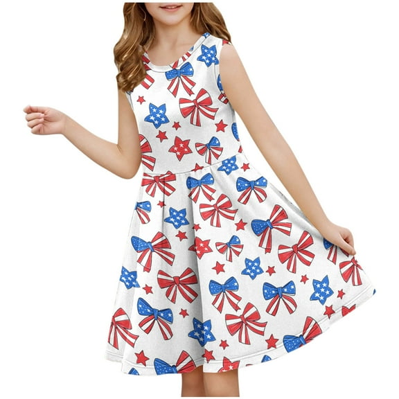 AUNVITO Girls Sleeveless Round Neck Summer Dress Fourth of July Print Waist Cinched Fit & Flare Casual Sundress