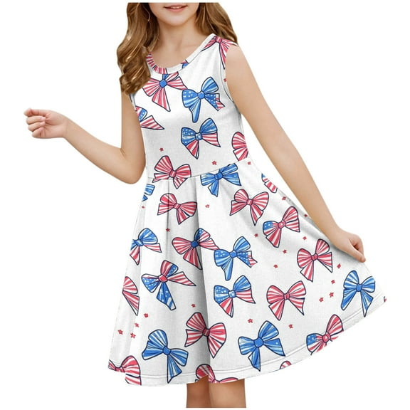 AUNVITO Girls Sleeveless Round Neck Summer Dress Fourth of July Print Waist Cinched Fit & Flare Casual Sundress