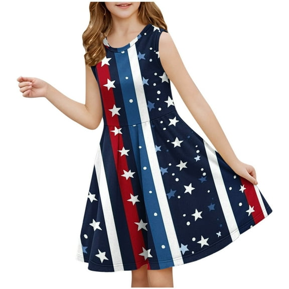 AUNVITO Girls Sleeveless Round Neck Summer Dress Fourth of July Print Waist Cinched Fit & Flare Casual Sundress