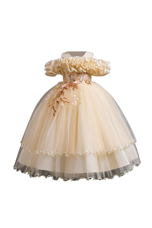 Girls Sleeveless Round Neck Tulle Dress Puffy Layered Princess Evening Party Gown Elegant Performance Luxury
