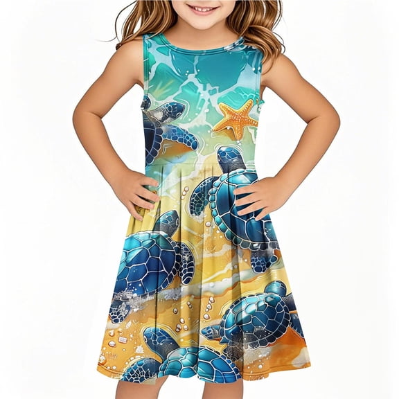 AUNVITO Girls Sleeveless Tank Dress Round Neck Print Casual Summer Dress