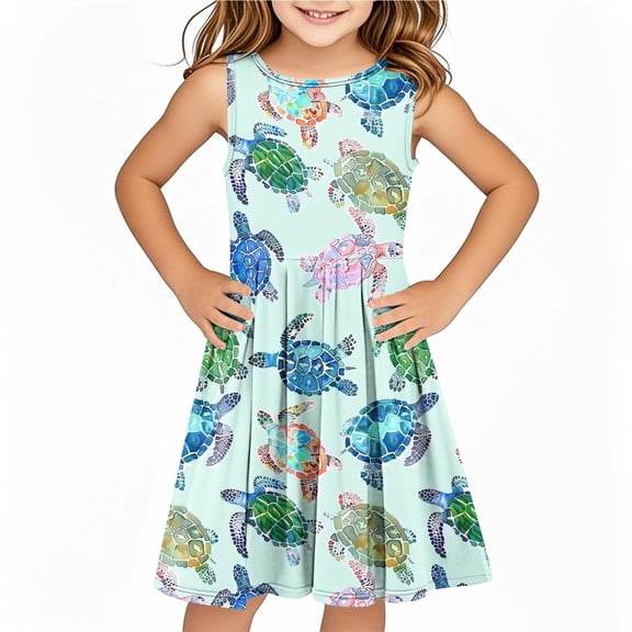 AUNVITO Girls Sleeveless Tank Dress Round Neck Print Casual Summer Dress