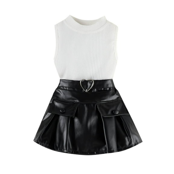 AUNVITO Girls Solid Color Ribbed Tank Top PU Leather Waist Button Skirt Set Trendy Y2K Outfit