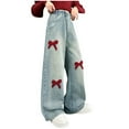 thumbnail image 1 of AUNVITO Girls Straight Wide Leg Bow Detail Jeans Spring Summer Casual Denim Pants Trousers, 1 of 9