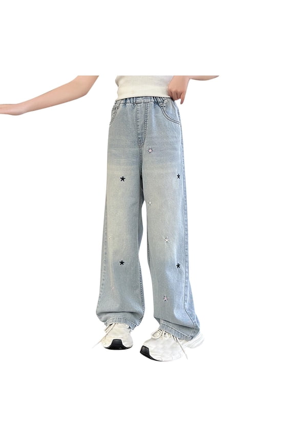Girls Straight Wide Leg Denim Pants Star Embroidery Casual Comfortable Spring Summer Y2K Vintage