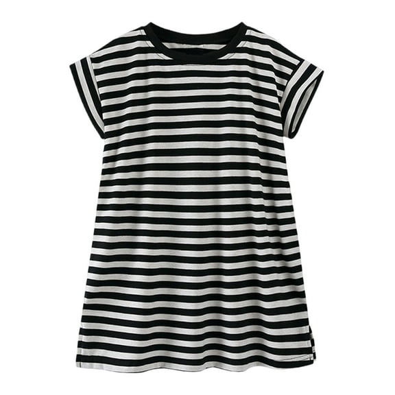 AUNVITO Girls Summer Casual Striped Dress Cute Round Neck Short Sleeve