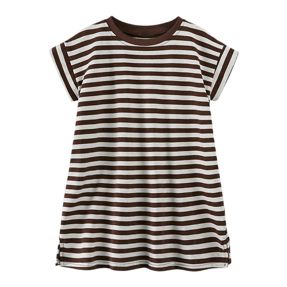 AUNVITO Girls Summer Casual Striped Dress Cute Round Neck Short Sleeve