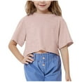 thumbnail image 1 of AUNVITO Girls Summer Crop Tops Kids Fashion Oversized Crew Neck Cropped Short Sleeve T Shirts Basic Tees, 1 of 8