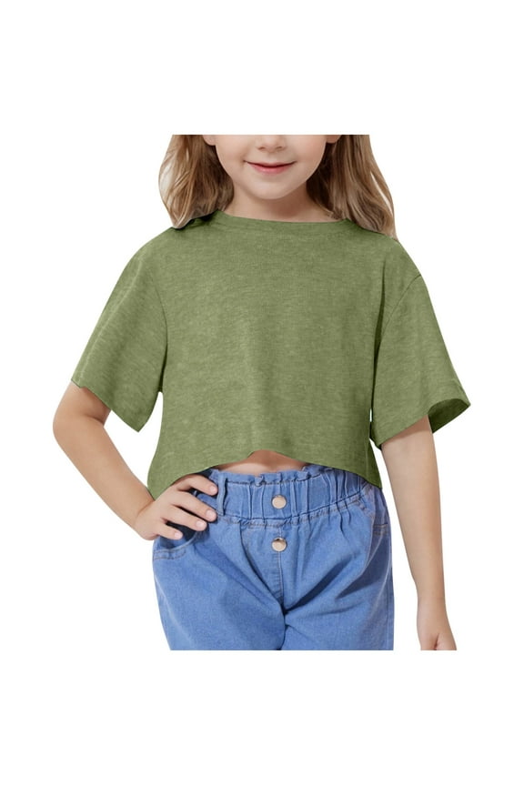 Girls Summer Crop Tops Kids Fashion Oversized Crew Neck Cropped Short Sleeve T Shirts Basic Tees