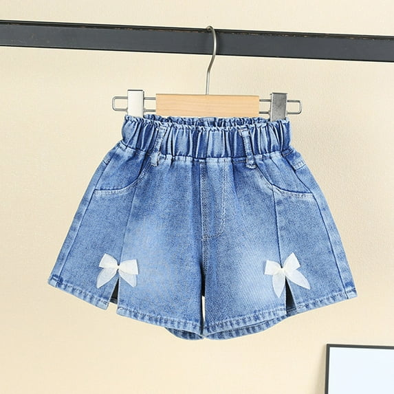 AUNVITO Girls Summer Denim Pleated Skirt Bow Lace Trim Elastic Waist Casual Cute Short Skirt with Pockets