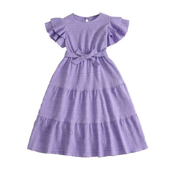 AUNVITO Girls Summer Dress Flutter Sleeves Round Neck Short Sleeve Ruffle Hem Princess Cute Casual