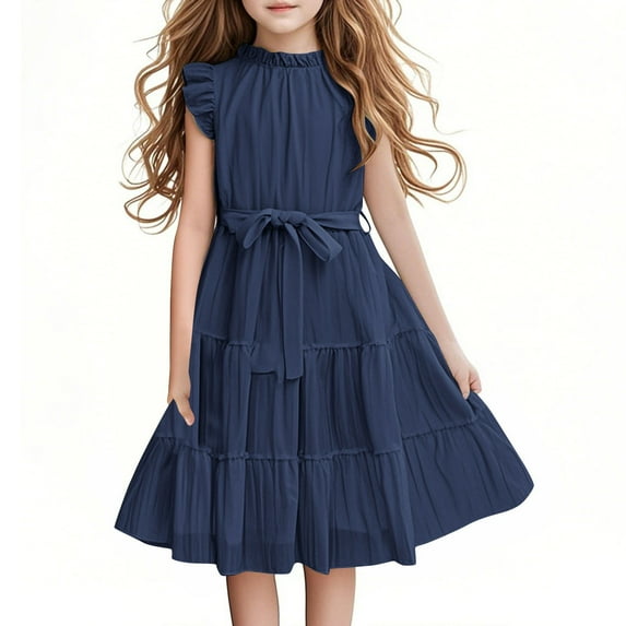 AUNVITO Girls Summer Dress | High-Necked A-Line Dress with Ruffled Sleeves & Tiered Flared Skirt | Waist Tie Party Dress for Toddlers Age 5-15Years