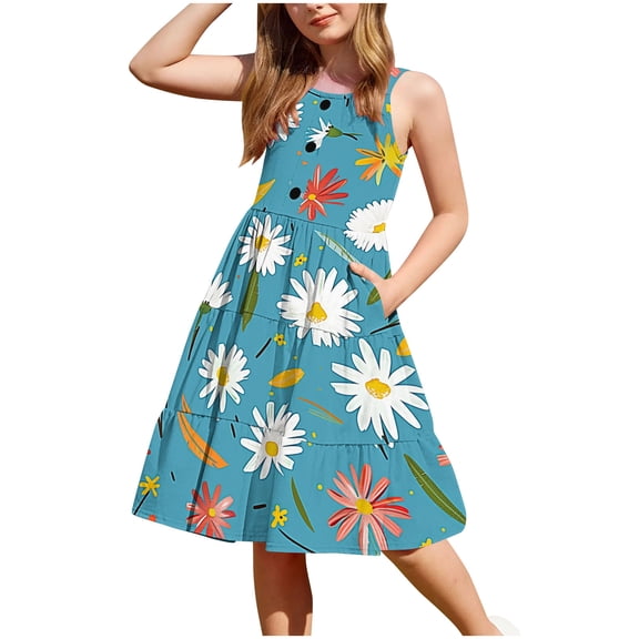 AUNVITO Girls Summer Dress Sleeveless Button Hem Layered Flowy Casual Boho Pocket Dress for Toddler to Kids 2-12 Years