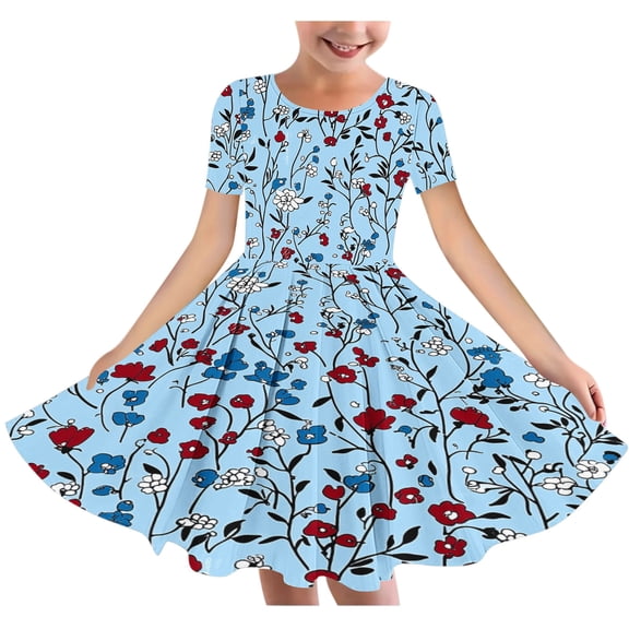 AUNVITO Girls Summer Floral Print Short Sleeve Round Neck Ballet Dress Tutu Dance Skirt Party Outfit