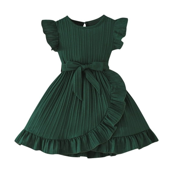 AUNVITO Girls Summer Flutter Sleeve Ribbed Princess Dress Round Neck Short Sleeve Solid Color Casual