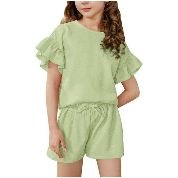 AUNVITO Girls Summer Outfits 2 Piece Cute Ruffle Sleeve T-Shirt and Shorts Clothing Sets 4-15 Years