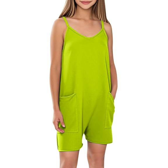 AUNVITO Girls Summer Sleeveless Casual Thin Straps Overalls Shorts with Pockets