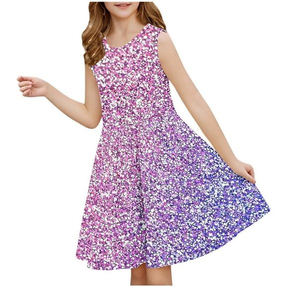 AUNVITO Girls Summer Sleeveless Dress with Sequins Print Round Neck Fitted Waist Casual Dress