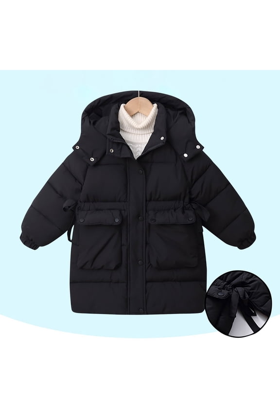 Girls Thickened Hooded Winter Coat Mid-Calf Length Windproof Nylon-Spandex Blend Thermal Jacket for 4-13Y