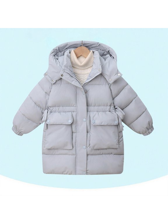 Girls Thickened Hooded Winter Coat Mid-Calf Length Windproof Nylon-Spandex Blend Thermal Jacket for 4-13Y