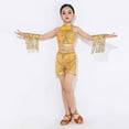 thumbnail image 1 of AUNVITO Girls Two-Piece Dance Costume Set Sleeveless Sequin Top & Elastic Waist Shorts with Detachable Sleeves, Solid Color Applique Round Neck Stage Performance Outfit, 1 of 5