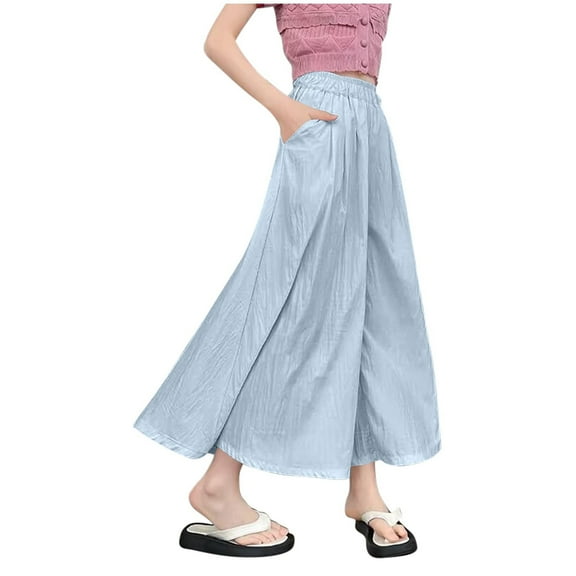 AUNVITO Girls Wide Leg Culottes Elastic High Waist Summer Casual Solid Color Long Pants Everyday Wear