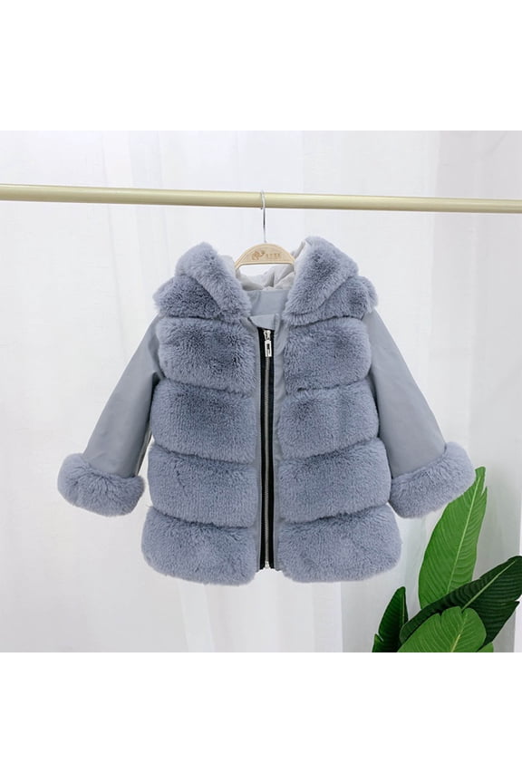 Girls Winter Hooded Faux Fur Coat Thickened Fleece-Lined Warm Casual Outerwear 2-13Y