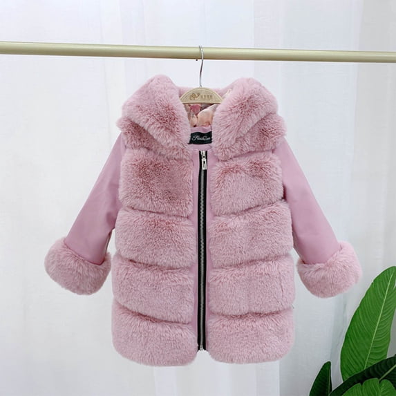 AUNVITO Girls Winter Hooded Faux Fur Coat Thickened Fleece-Lined Warm Casual Outerwear 2-13Y