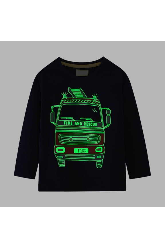 Glow-in-the-Dark Fire Rescue Boys Thermal Shirt Long Sleeve Round Neck Soft Cotton Cozy Winter Top 2-8Y