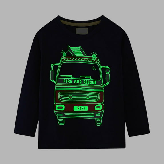 AUNVITO Glow-in-the-Dark Fire Rescue Boys Thermal Shirt Long Sleeve Round Neck Soft Cotton Cozy Winter Top 2-8Y