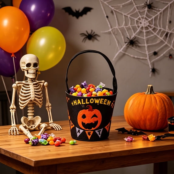 AUNVITO Halloween Trick or Treat Candy Goodie Bag Tote, Spooky Festival Party Favor Pouch for Spooky House Decoration, 1pc