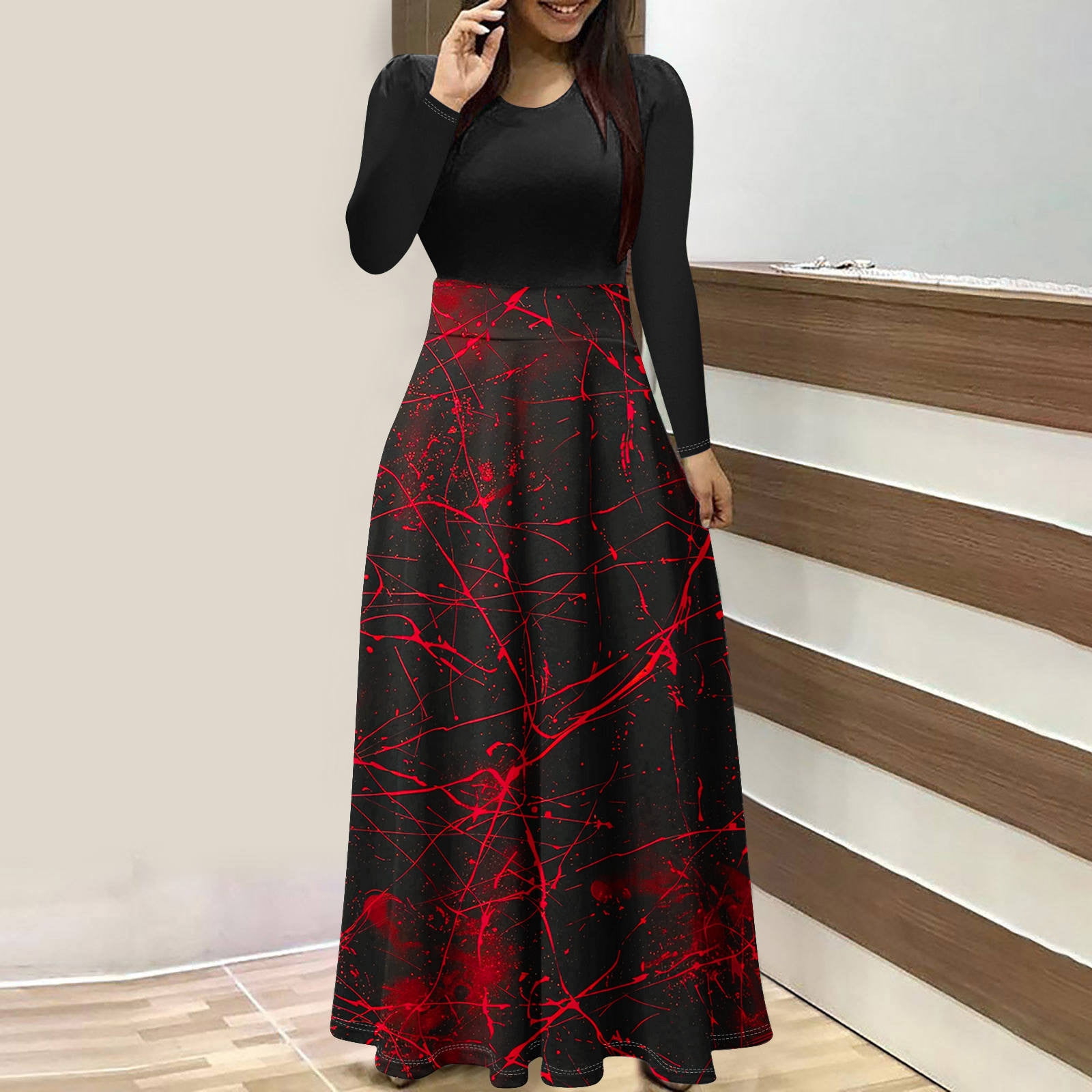 AUNVITO Hepburn Style Retro Dresses for Women Printed Zipper Long