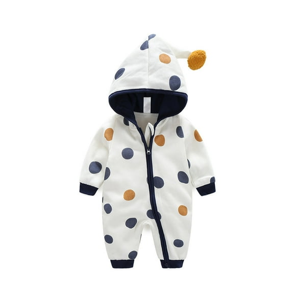 AUNVITO Infant 0-24M Easy Zip Dual-Layer Hooded Romper with Polka Dots, Soft Cotton Baby Jumpsuit for Boys & Girls, Unisex Organic Bodysuit Crawling Outfit