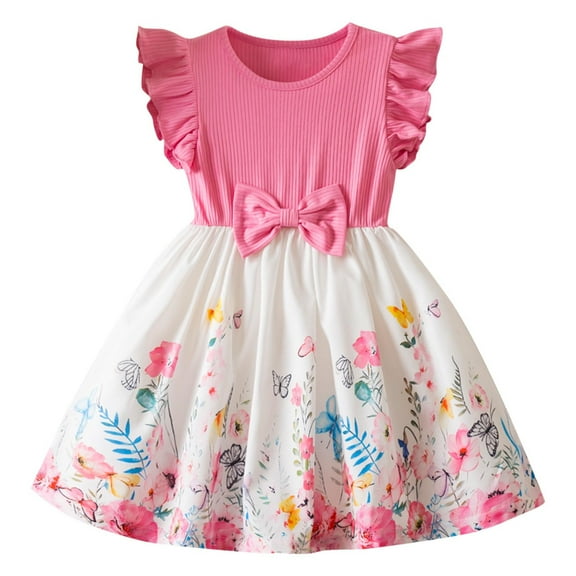 AUNVITO Infant & Toddler Girls Summer Princess Dress Short Sleeve Ruffle Waist Flutter Sleeves Butterfly Floral Print Round Neck Y2K Style