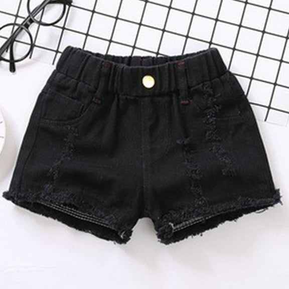 AUNVITO Kid's Short 1-15 Years Middle Aged Children's Fashionable Versatile Solid Color Button Pocket Ripped Denim Shorts