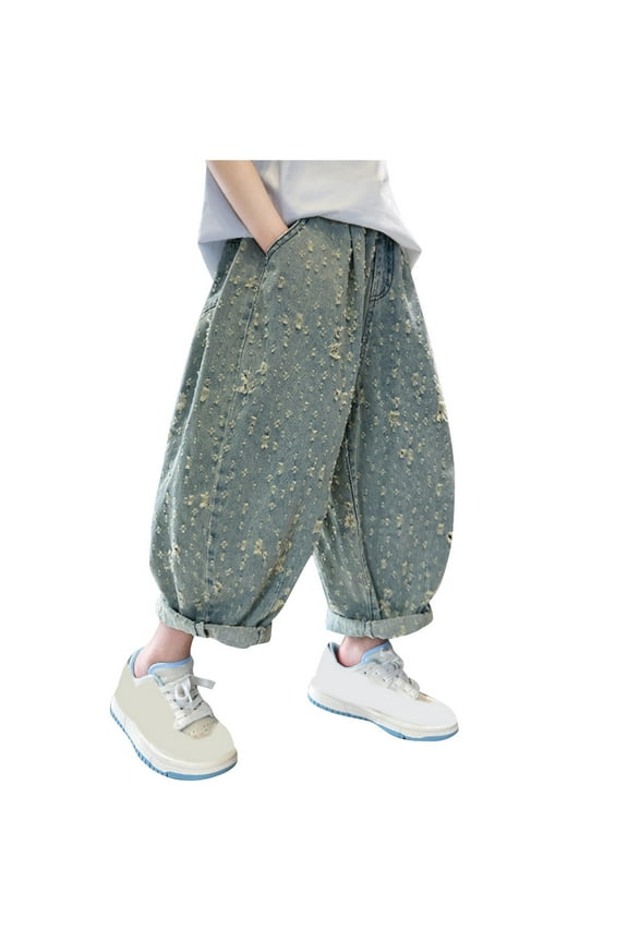 Kid's Vintage Green Washed Jeans Wide-Leg & Distressed Textured Finish (Boho Urban Style)