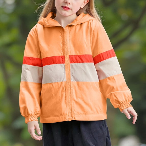 AUNVITO Kids 2-10Y Lightweight Windbreaker Hooded Jacket Color Block Stripes Loose Fit Zipper Pockets Casual Spring/Fall Outerwear