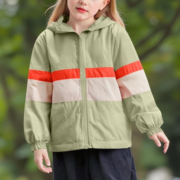 AUNVITO Kids 2-10Y Lightweight Windbreaker Hooded Jacket Color Block Stripes Loose Fit Zipper Pockets Casual Spring/Fall Outerwear