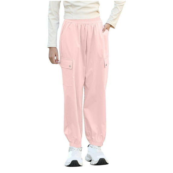 AUNVITO Kids 3-15Y Solid Color Cargo Jogger Pants Elastic Cuff Casual Long Summer Outdoor